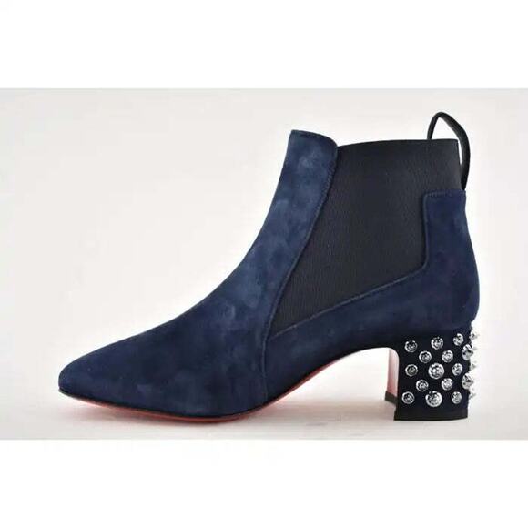 Christian Louboutin Study 55 Blue Suede Silver Spike Block Heel Ankle Boot 36.5 - Picture 8 of 9